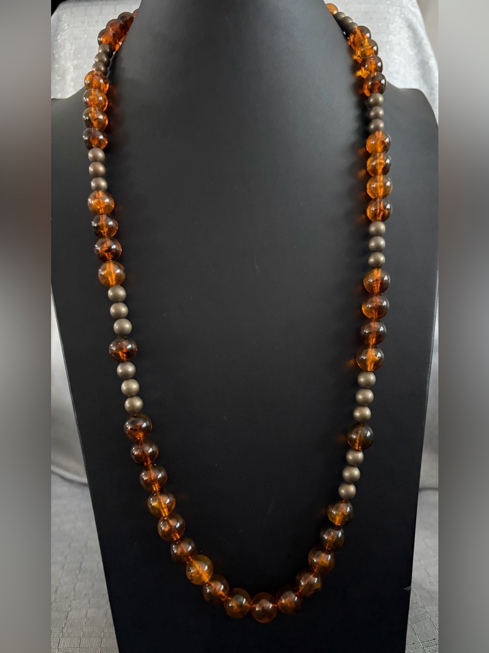 Amber Glass Bead Necklace with Matte Bronze Accents